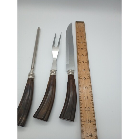 Sheffield Carving Set Bakelite Swirled Butterschotch MCM Fork Knife Sharpen Rod - Picture 9 of 10